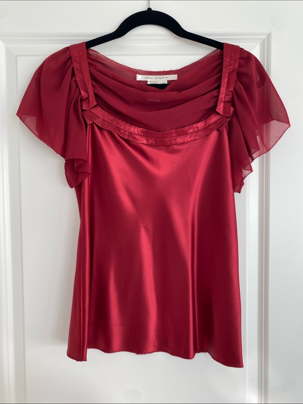 Max Studio Crimson Satin Flutter Sleeve Blouse